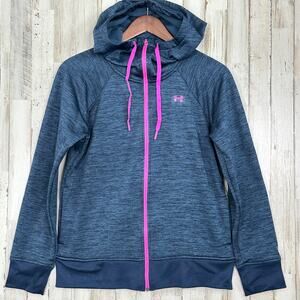 Under Armour Cold Gear Women’s Hooded Jacket Full Zip Blue Pink Storm Lined Crop